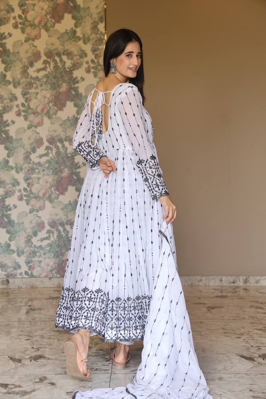 Imposing Black Embroidery Work White Color Gown TD-6036