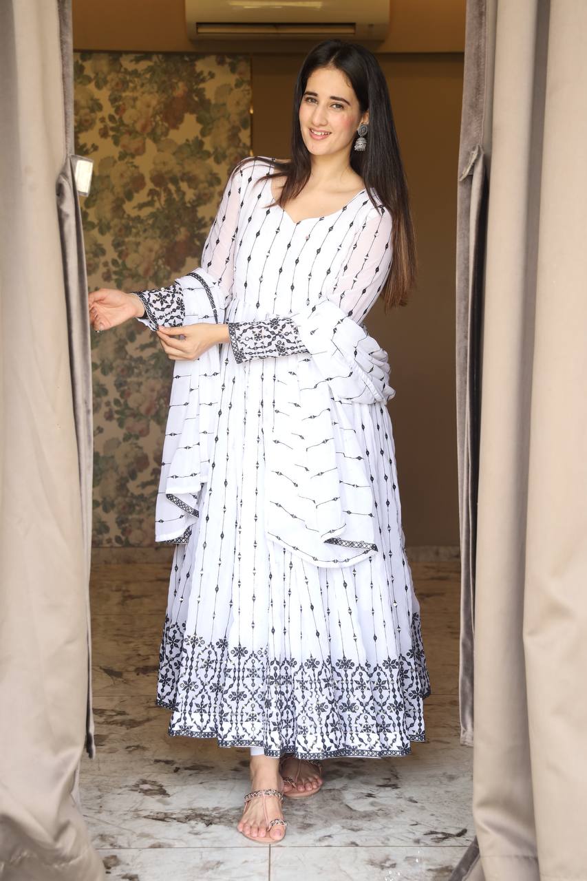 Imposing Black Embroidery Work White Color Gown TD-6036