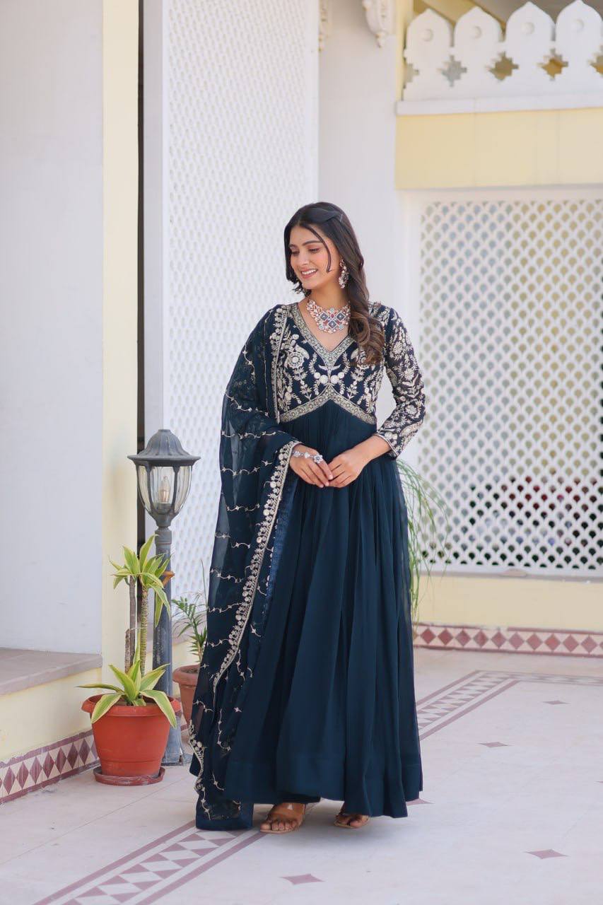 Festive Wear Georgette Navy Blue & Red Color Gown
