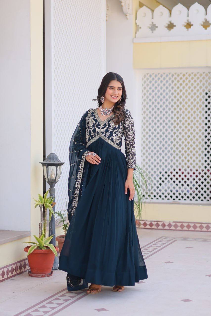 Festive Wear Georgette Navy Blue & Red Color Gown