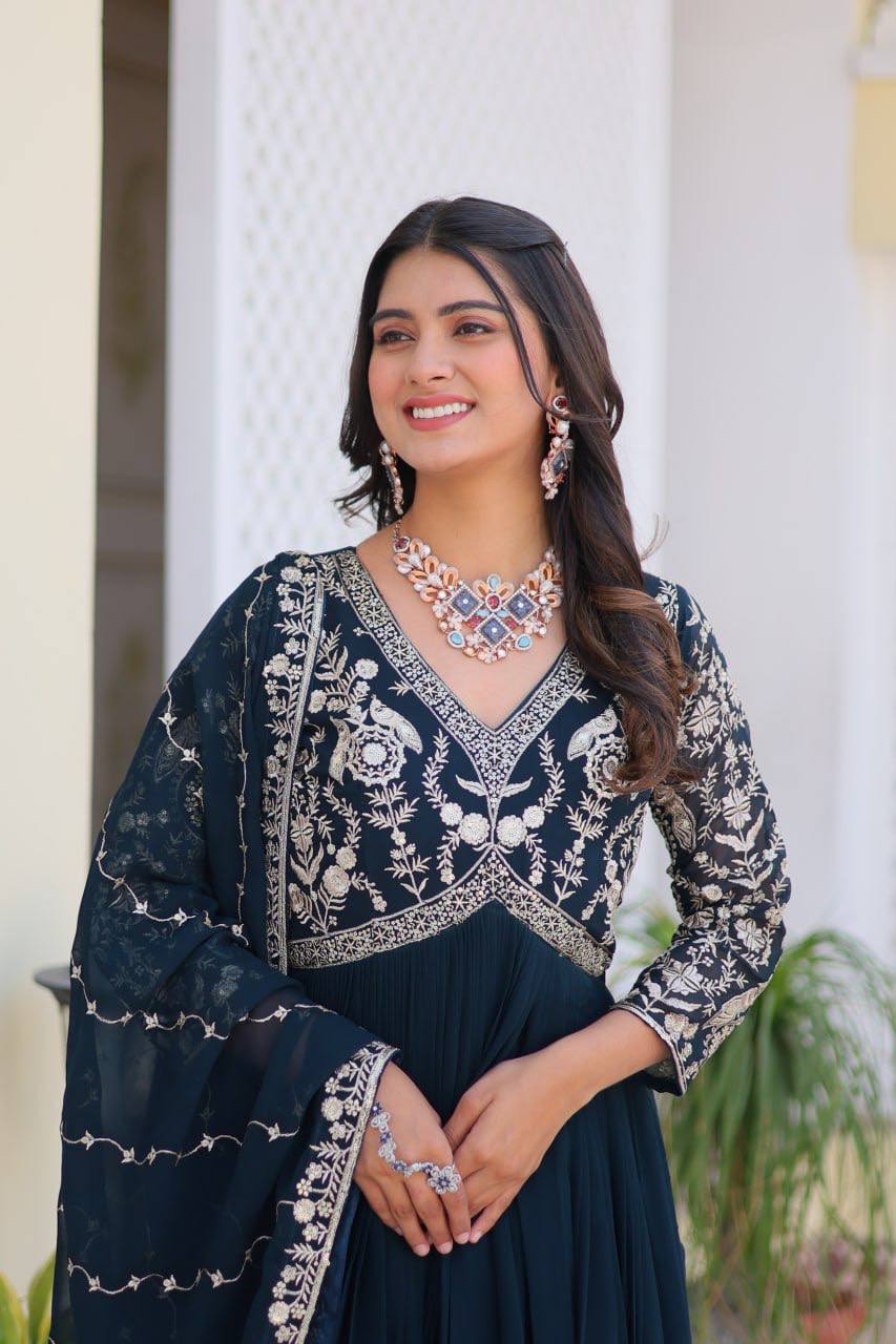 Festive Wear Georgette Navy Blue & Red Color Gown