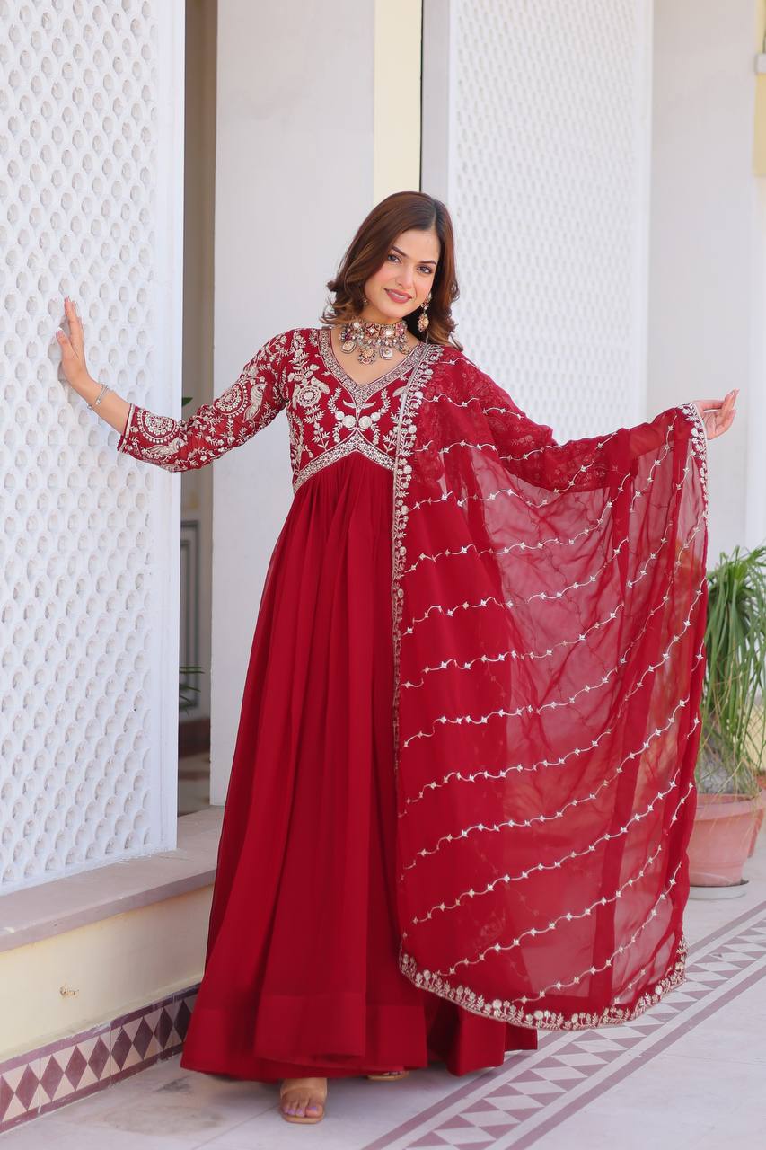 Festive Wear Georgette Navy Blue & Red Color Gown