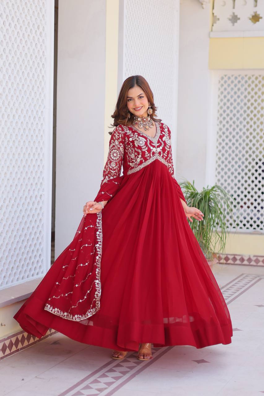Festive Wear Georgette Navy Blue & Red Color Gown
