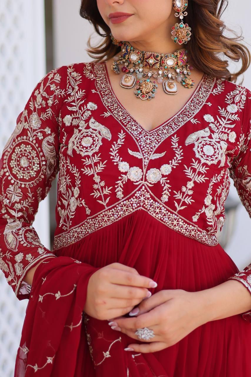 Festive Wear Georgette Navy Blue & Red Color Gown