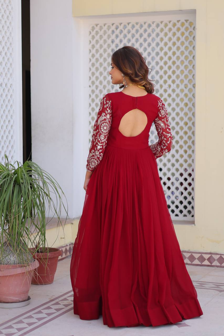 Festive Wear Georgette Navy Blue & Red Color Gown
