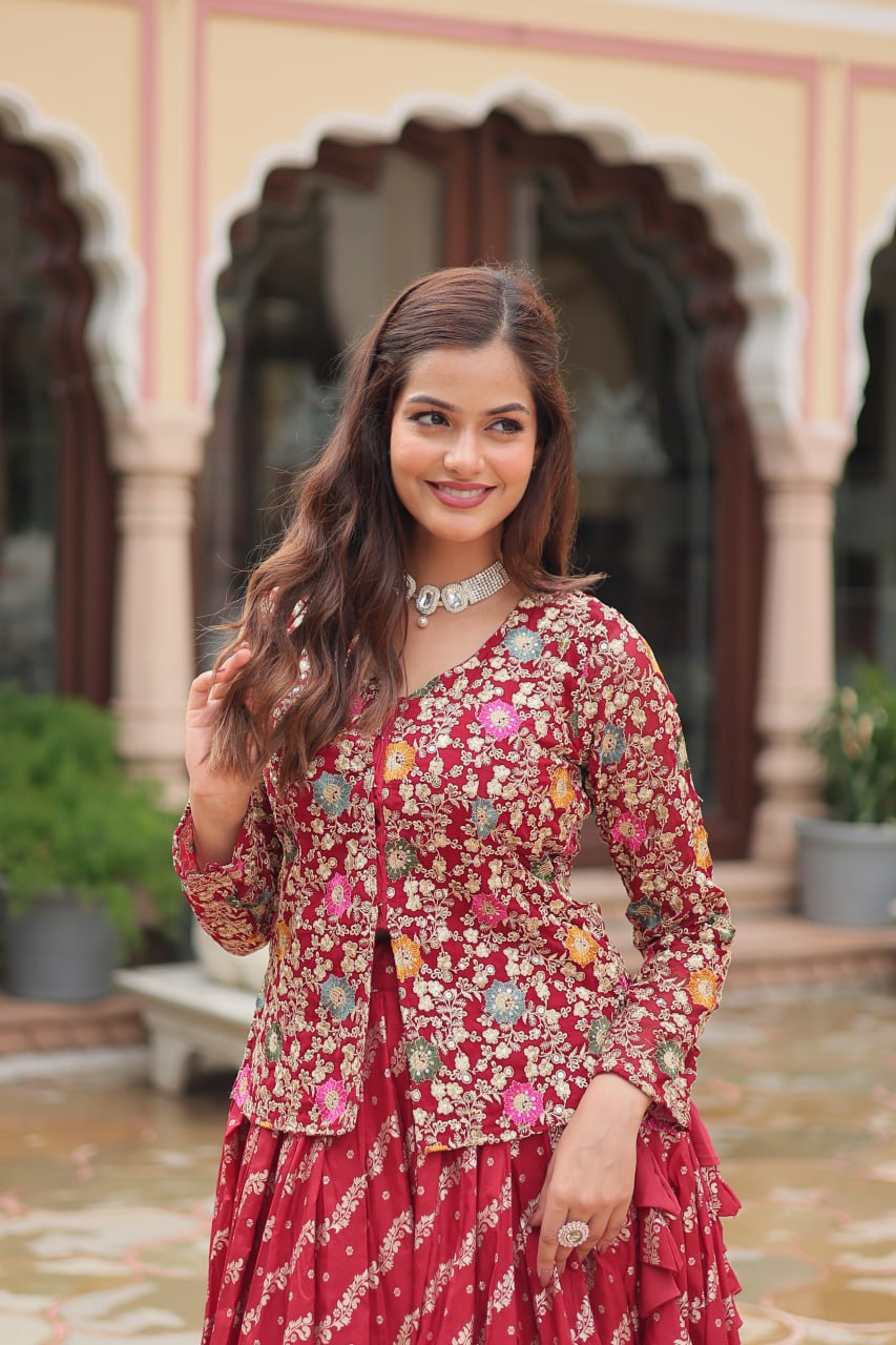 Peaceful Maroon Color Viscose Jequard Top With Lehenga