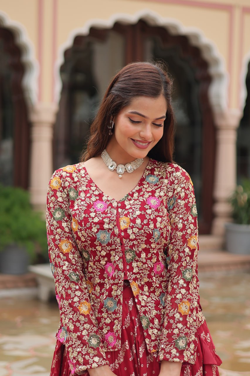 Peaceful Maroon Color Viscose Jequard Top With Lehenga