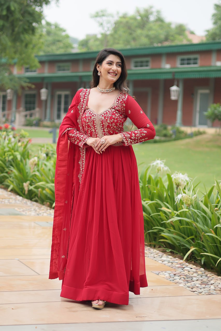 Blissful Embroidered Work Purple And Red Color Gown