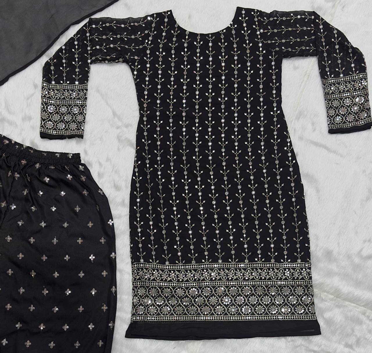 Punjabi Style Black Color Heavy Work Kurti Set