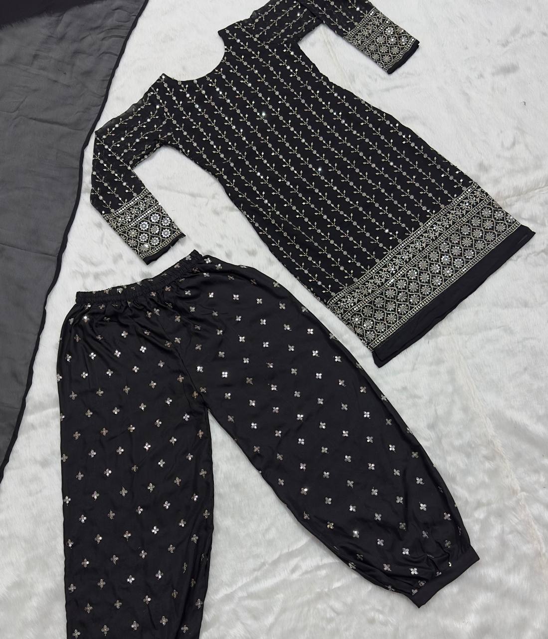 Punjabi Style Black Color Heavy Work Kurti Set