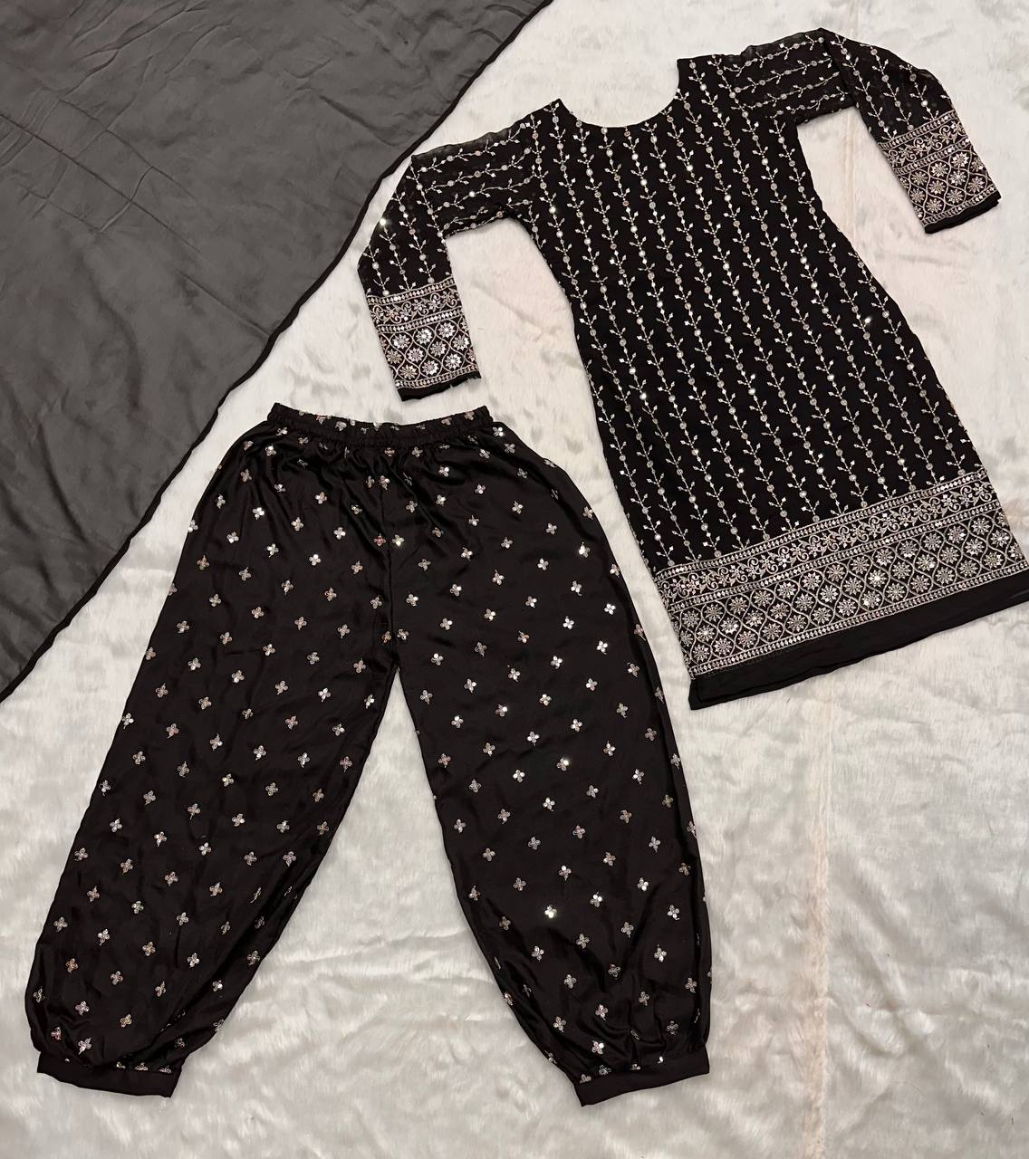 Punjabi Style Black Color Heavy Work Kurti Set