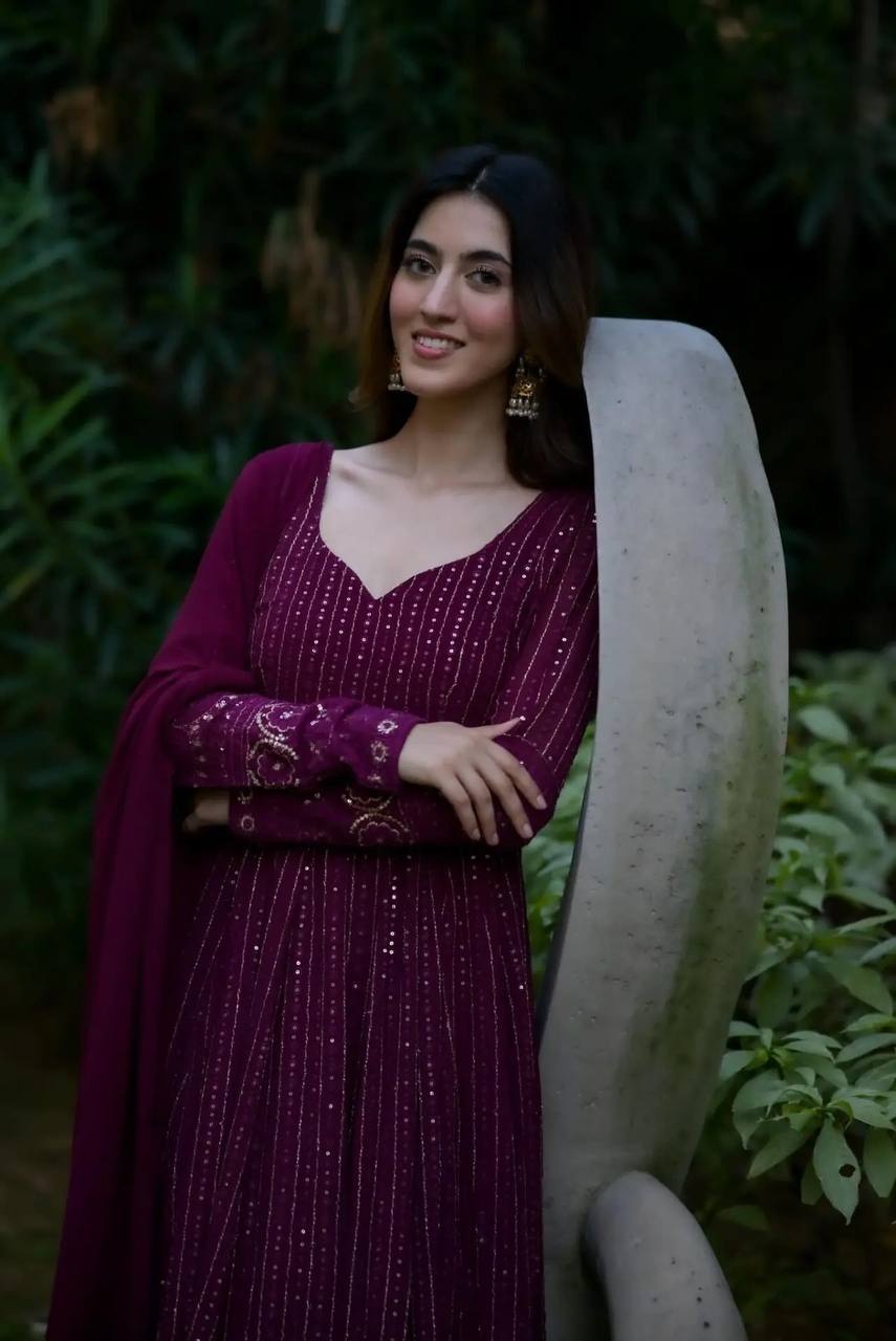 Imposing Embroidery Work Wine Color Anarkali Gown TD-6039