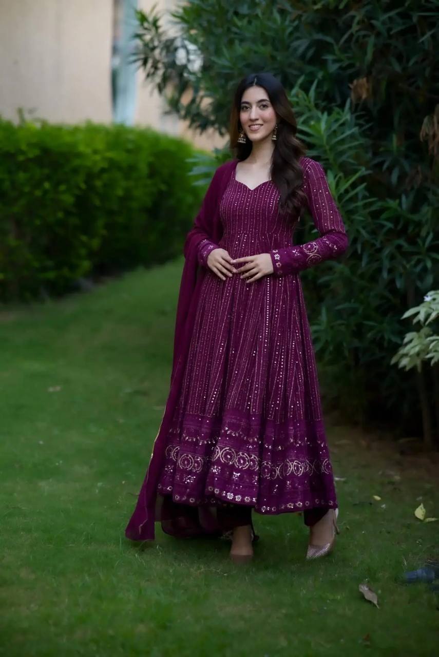 Gorgeous Work Wine Color Anarkali Gown