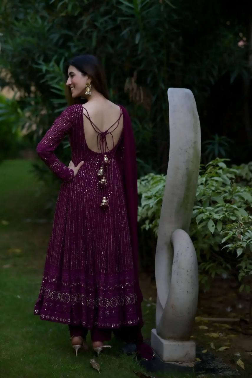 Imposing Embroidery Work Wine Color Anarkali Gown TD-6039