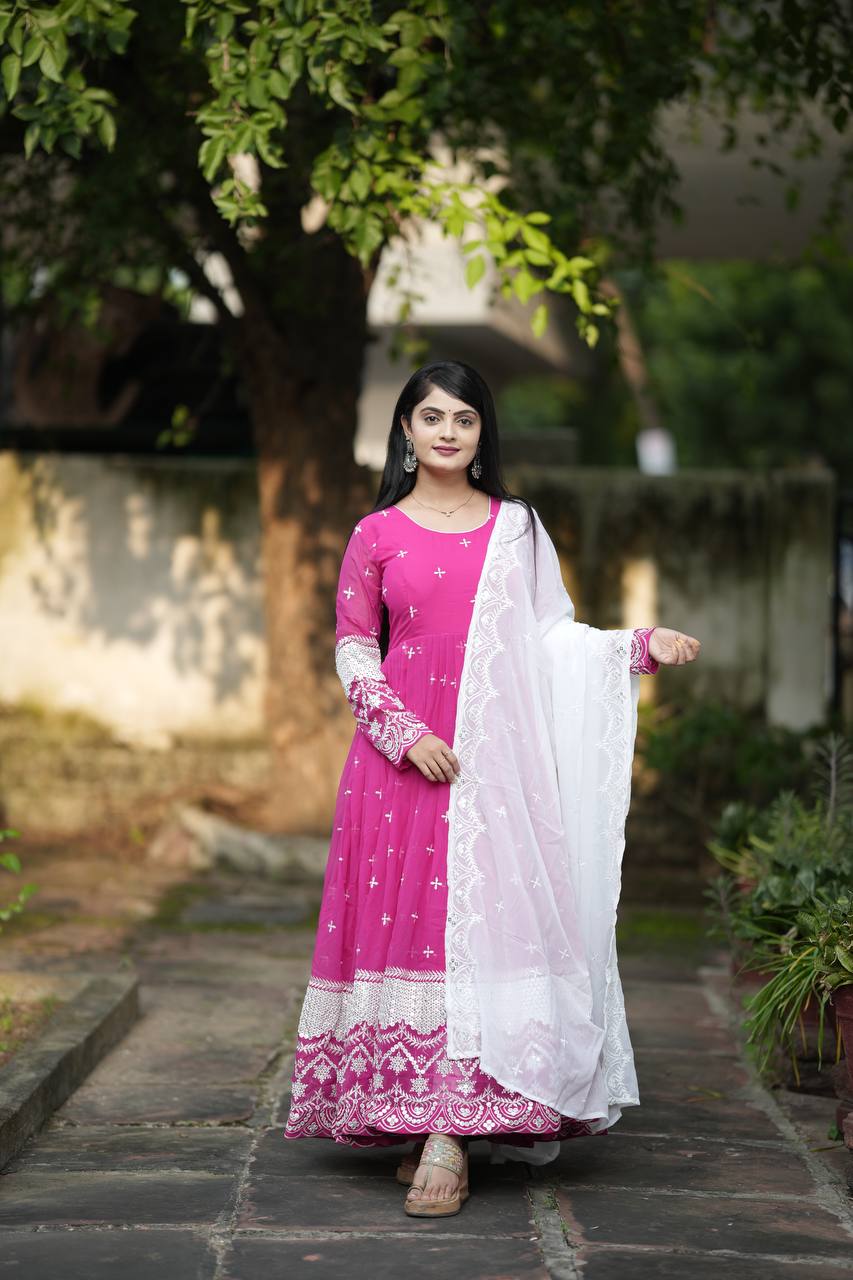 Mesmerizing Pink Color All Over Embroidery Work Gown