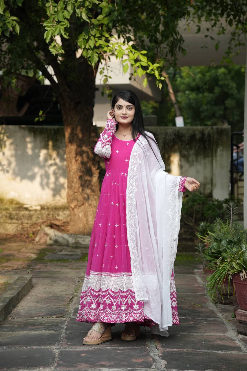 Mesmerizing Pink Color All Over Embroidery Work Gown