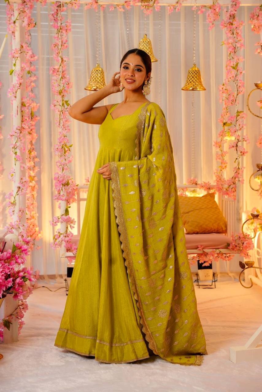 Stunning Mustard Color Roman Silk Long Gown