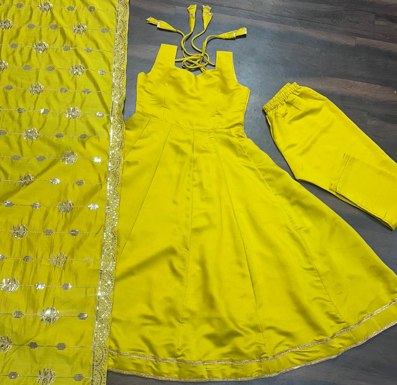 Stunning Mustard Color Roman Silk Long Gown