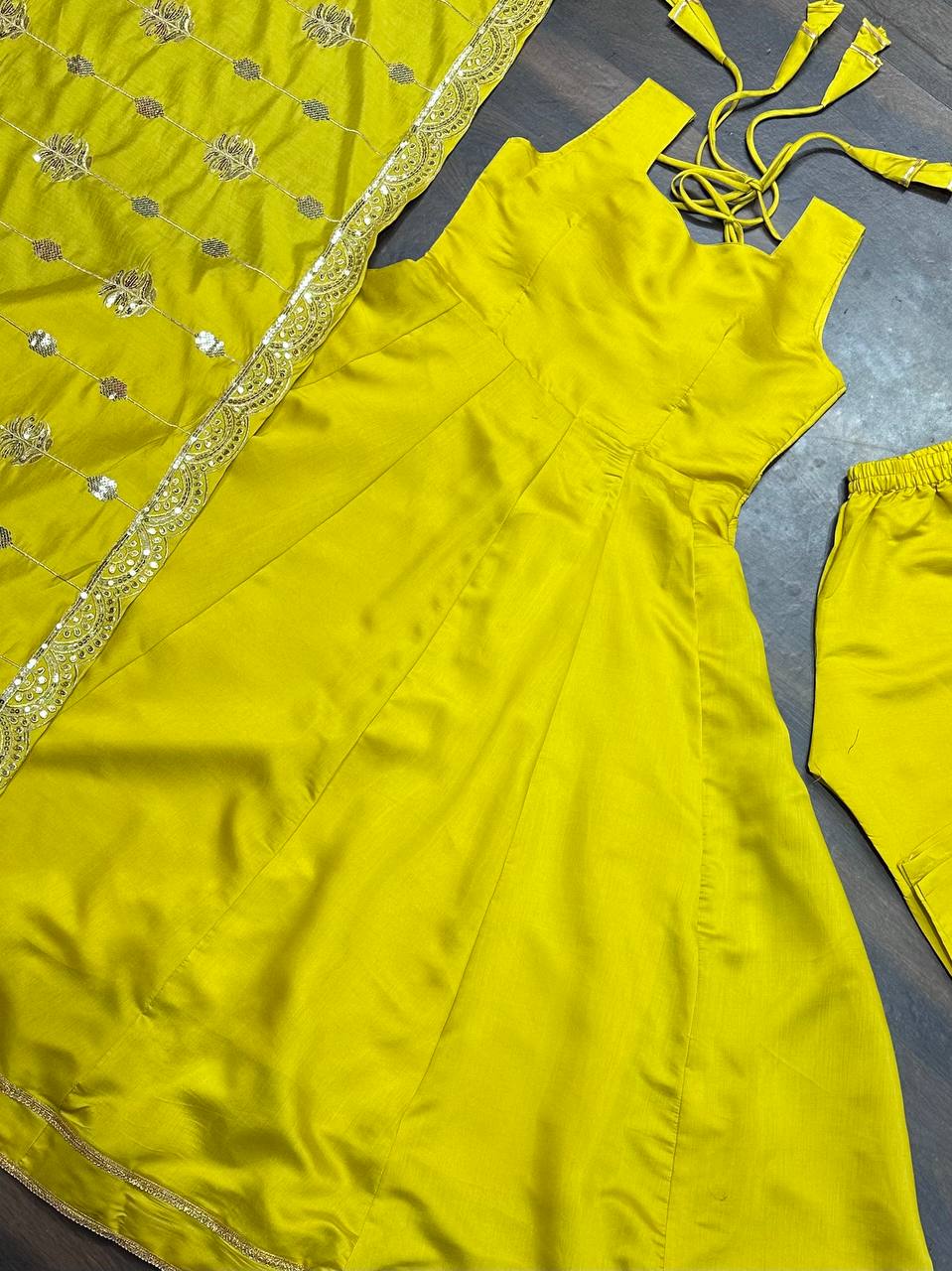 Stunning Mustard Color Roman Silk Long Gown