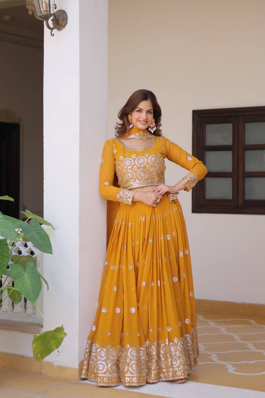 Eyes Catching Georgette Mustard & Mehndi Color Gown