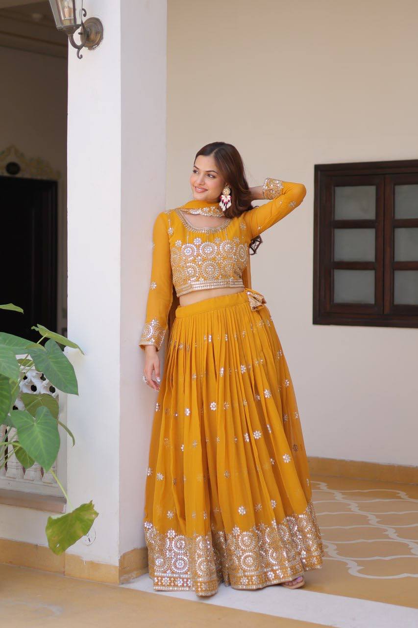 Eyes Catching Georgette Mustard & Mehndi Color Gown