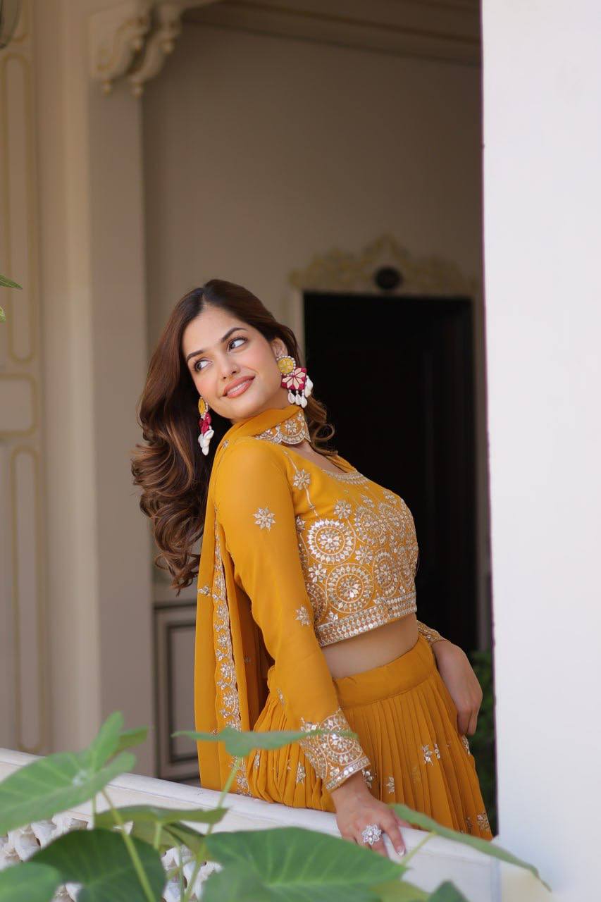Eyes Catching Georgette Mustard & Mehndi Color Gown