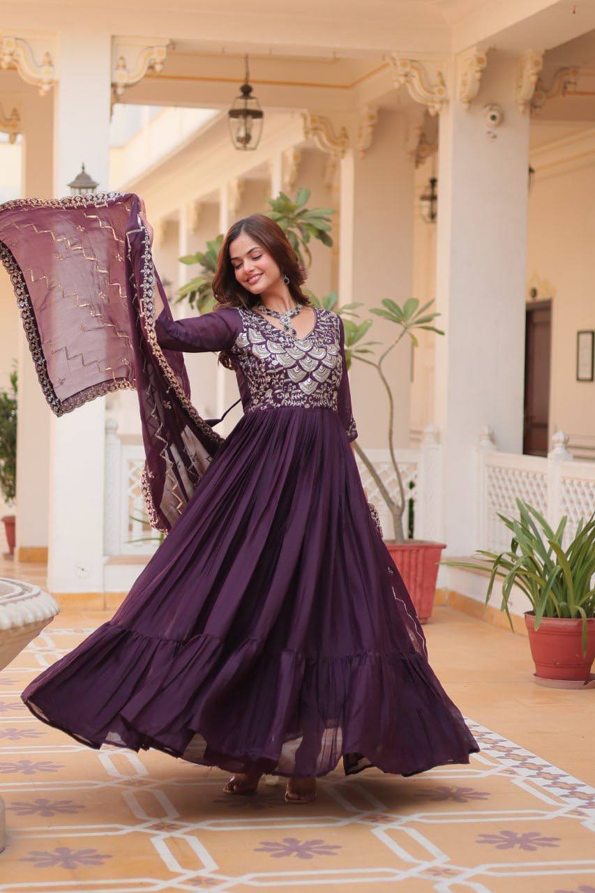 Occasion Wear Georgette Maroon & Wine Color Gown With Dupatta