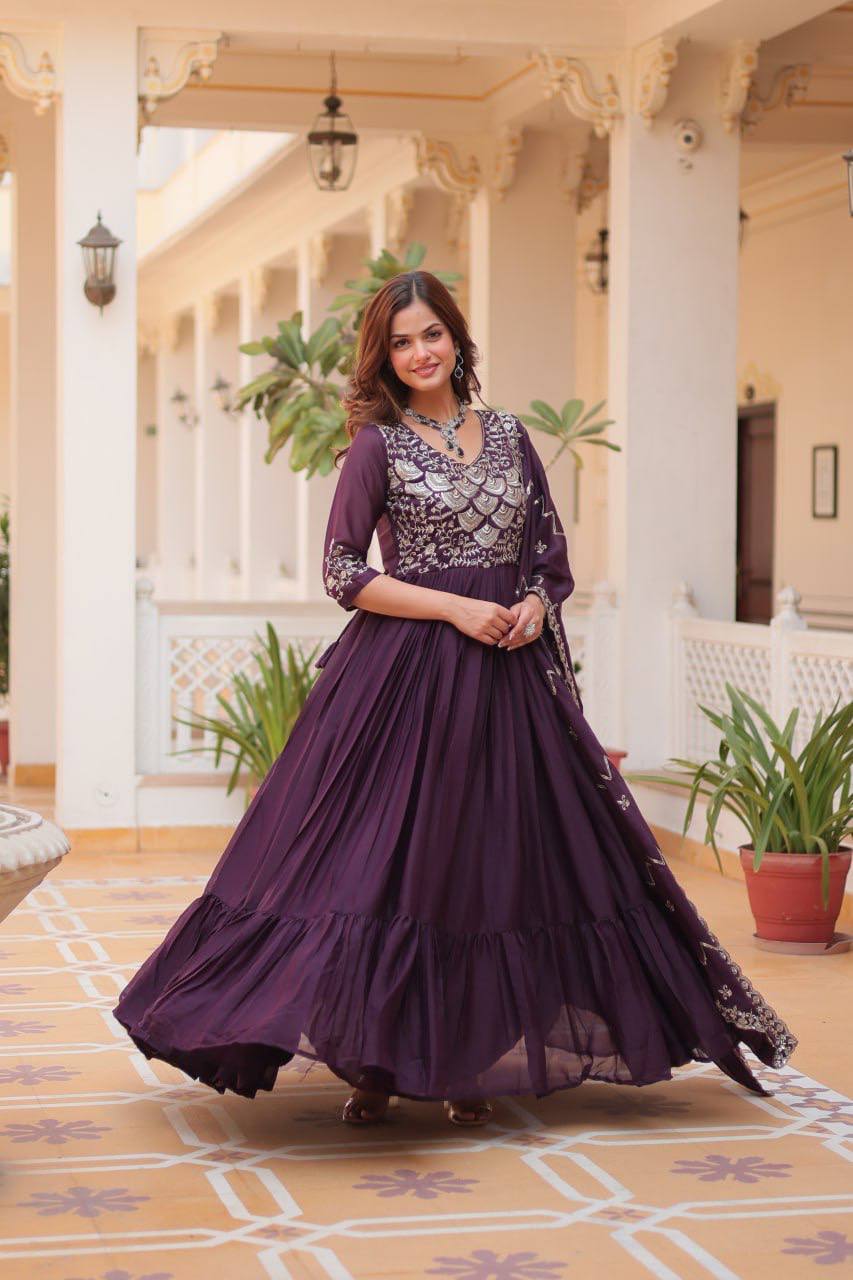Occasion Wear Georgette Maroon & Wine Color Gown With Dupatta