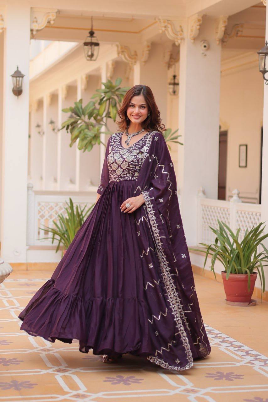 Occasion Wear Georgette Maroon & Wine Color Gown With Dupatta