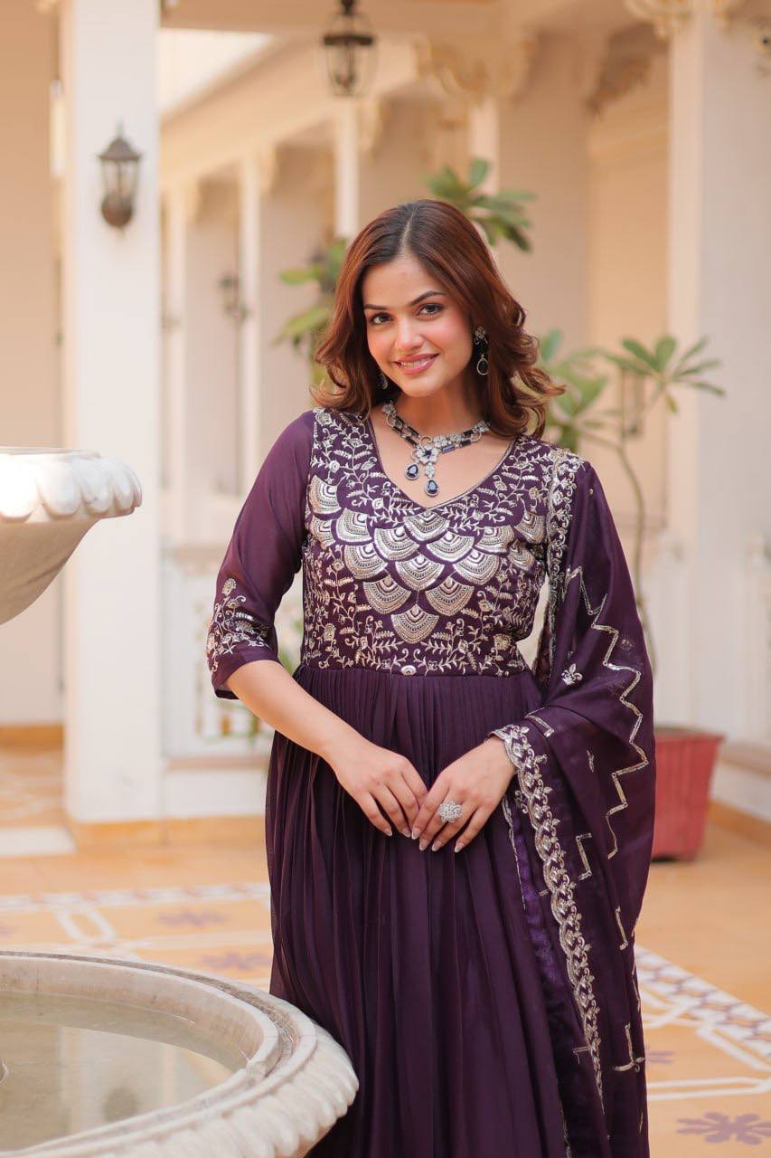 Occasion Wear Georgette Maroon & Wine Color Gown With Dupatta