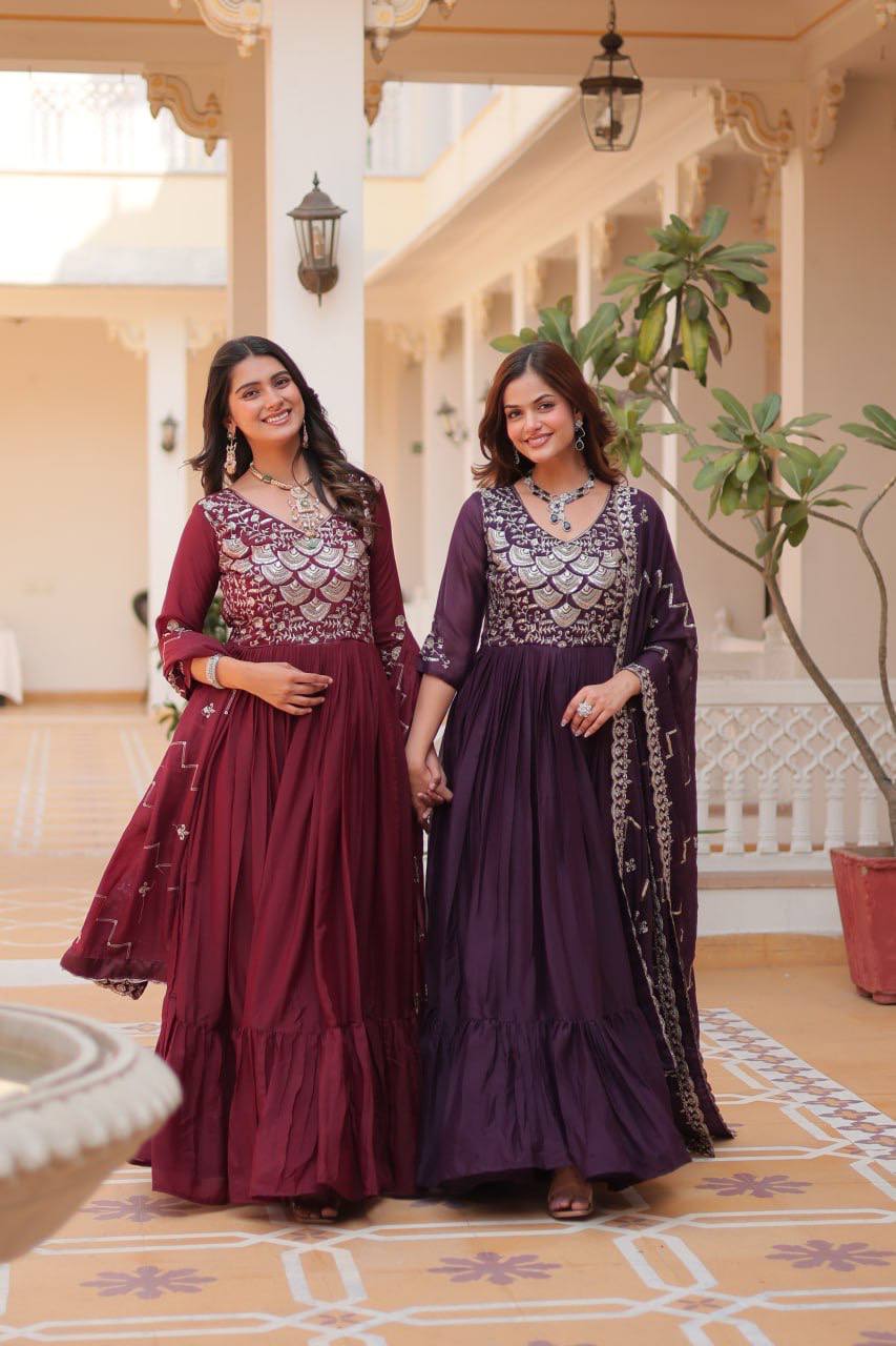 Occasion Wear Georgette Maroon & Wine Color Gown With Dupatta