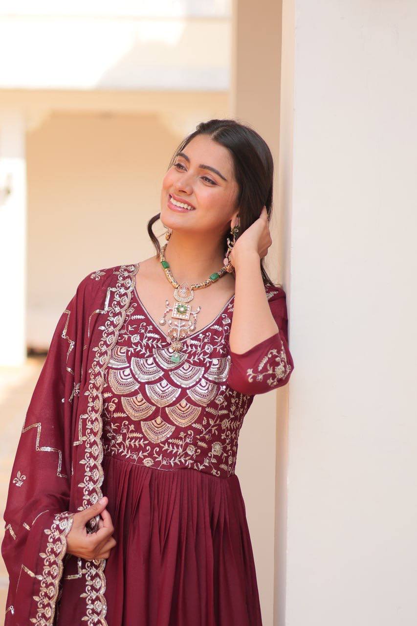 Occasion Wear Georgette Maroon & Wine Color Gown With Dupatta