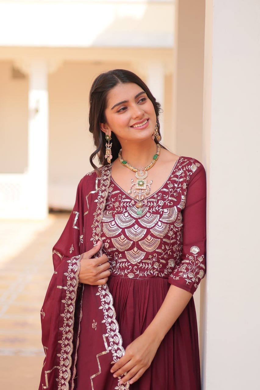 Occasion Wear Georgette Maroon & Wine Color Gown With Dupatta