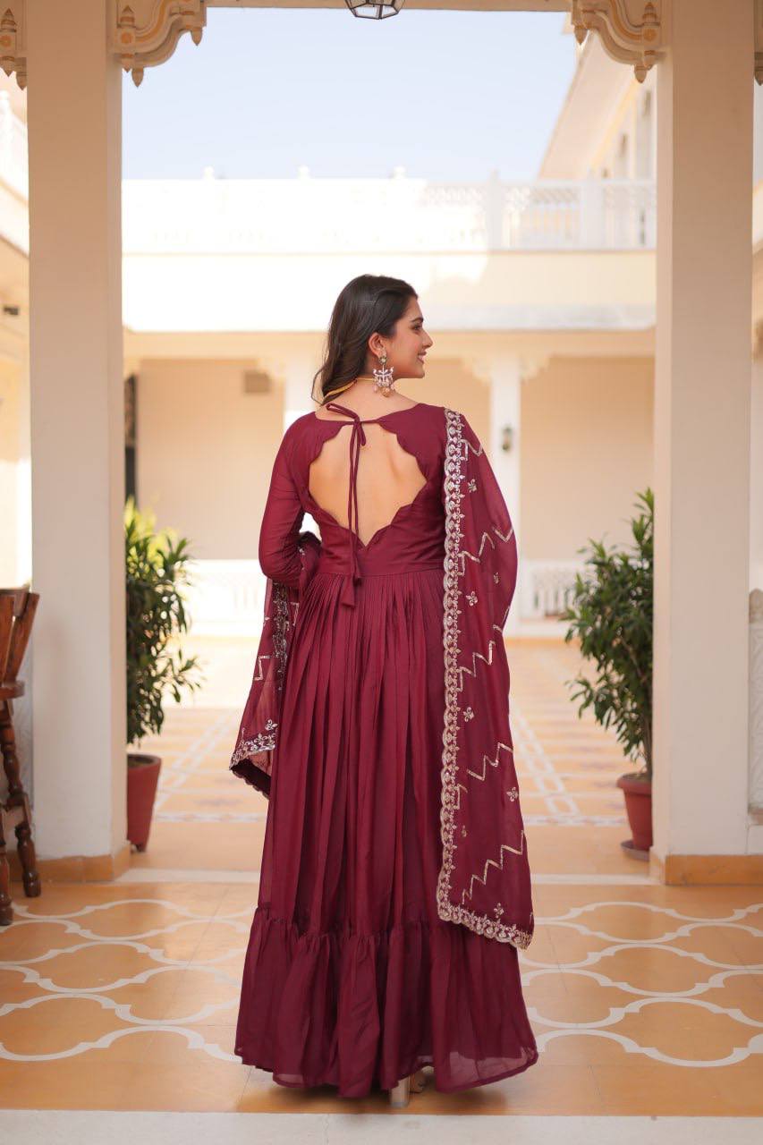 Occasion Wear Georgette Maroon & Wine Color Gown With Dupatta