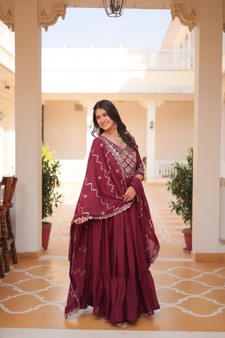 Occasion Wear Georgette Maroon & Wine Color Gown With Dupatta