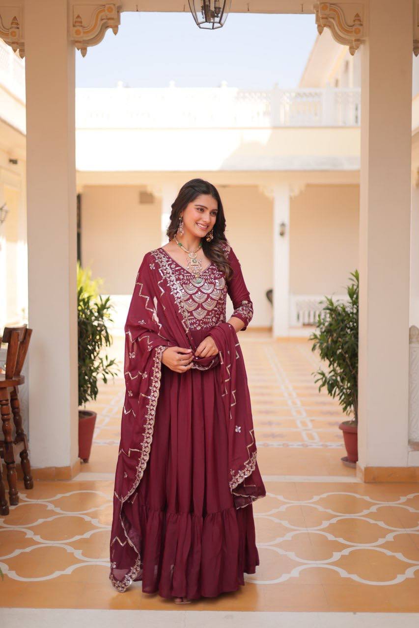 Occasion Wear Georgette Maroon & Wine Color Gown With Dupatta