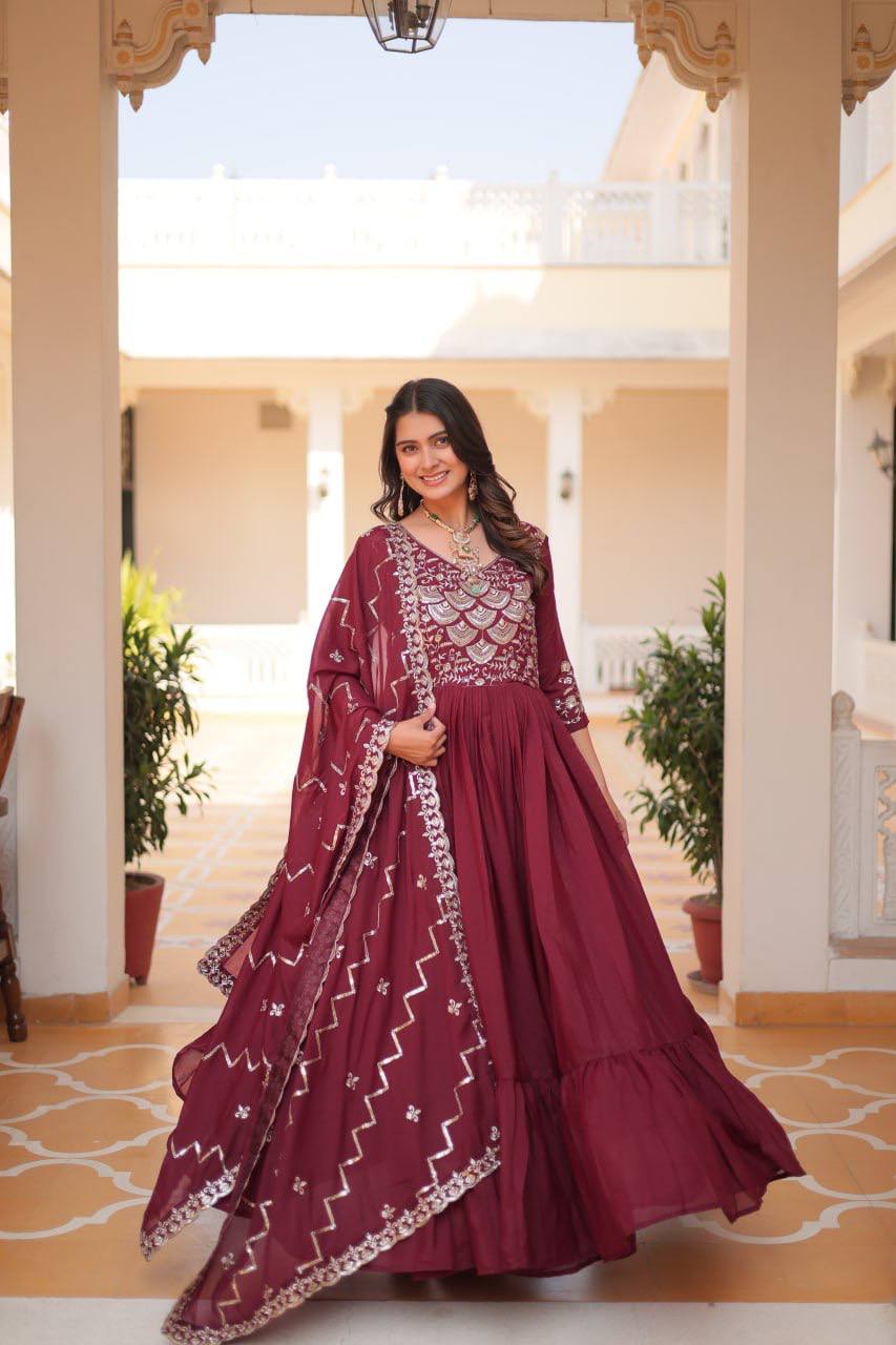 Occasion Wear Georgette Maroon & Wine Color Gown With Dupatta