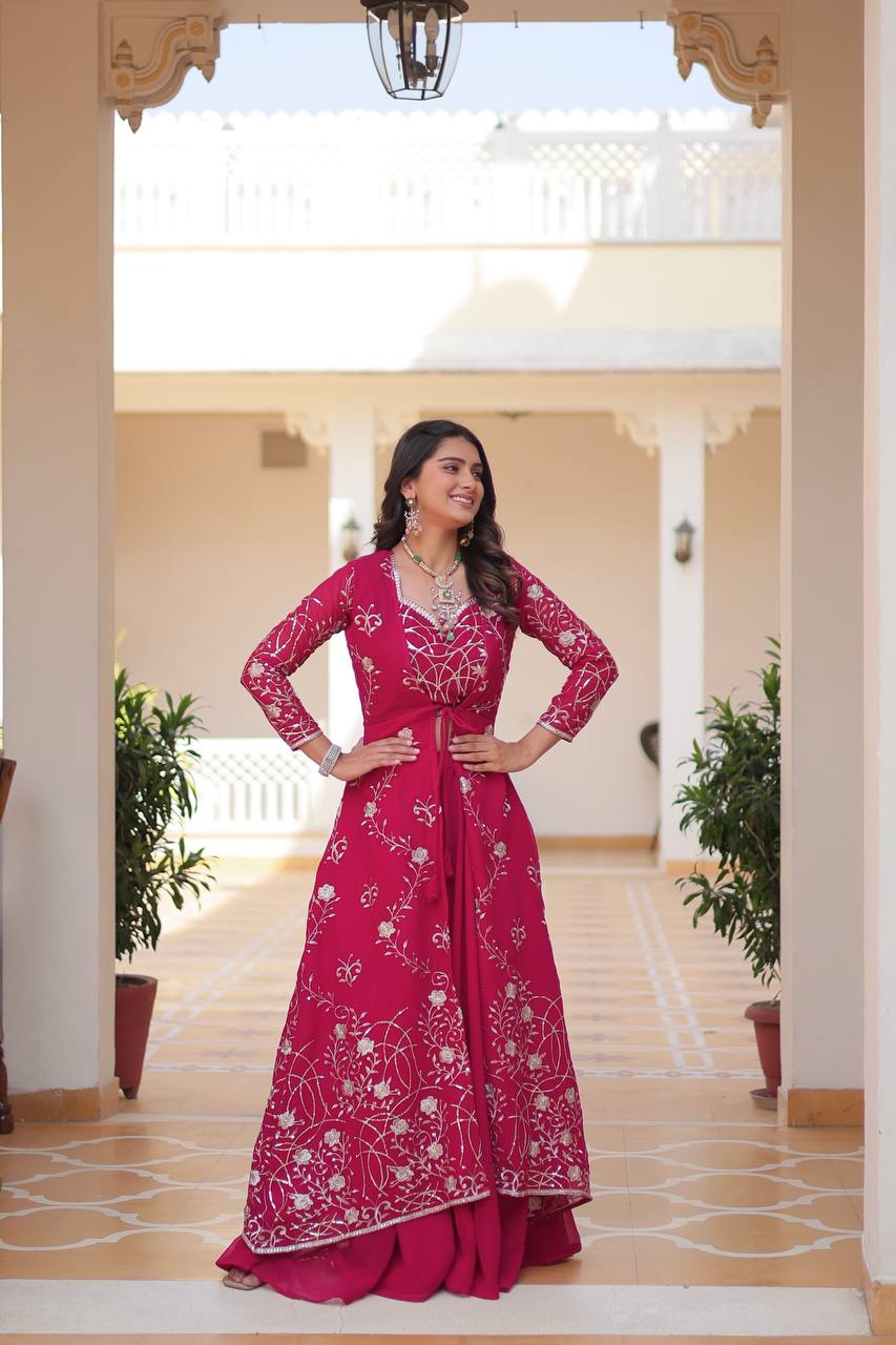 Blissful 3mm Embroidery Work Pink Color Lehenga With Shrug