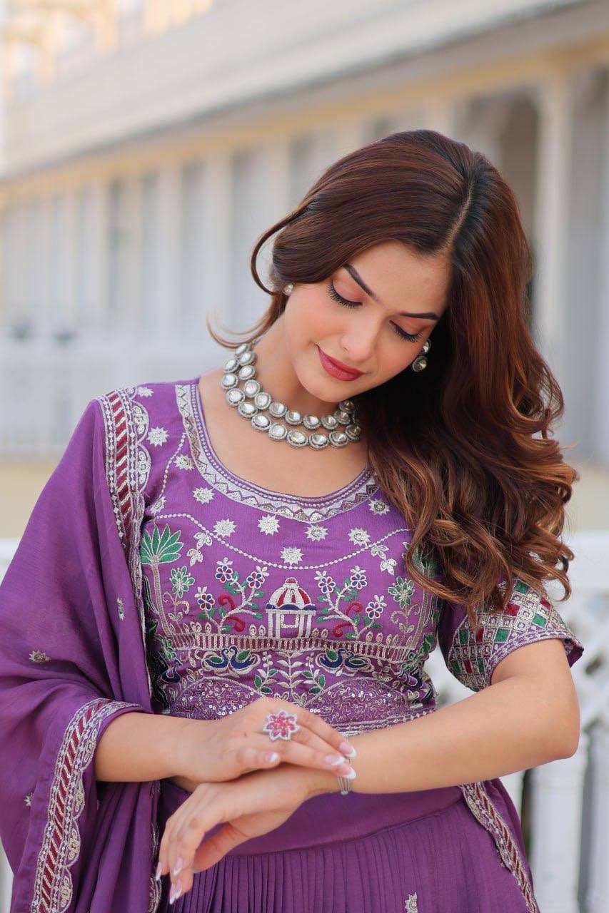 Flattering Pure Chinon Sky & Purple Color Lehenga Choli