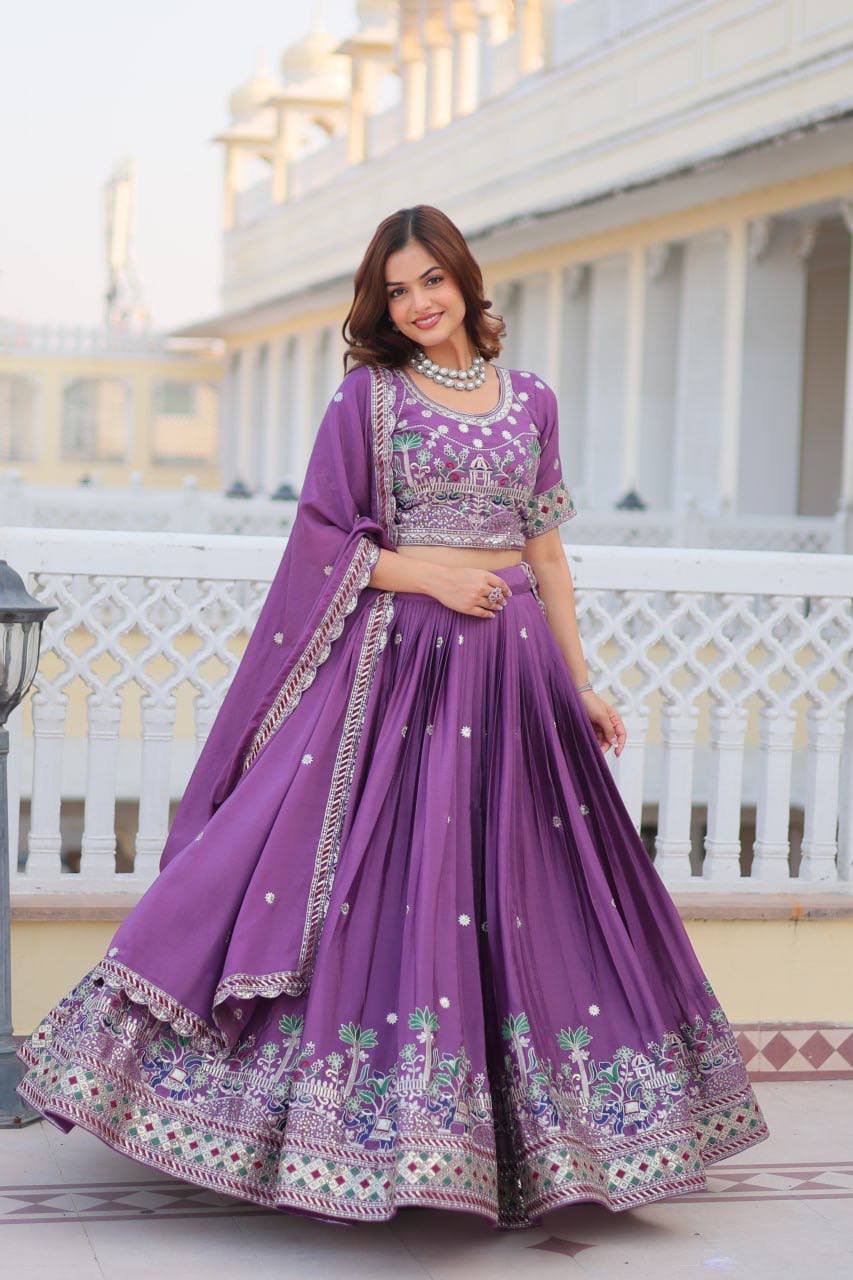 Flattering Pure Chinon Sky & Purple Color Lehenga Choli