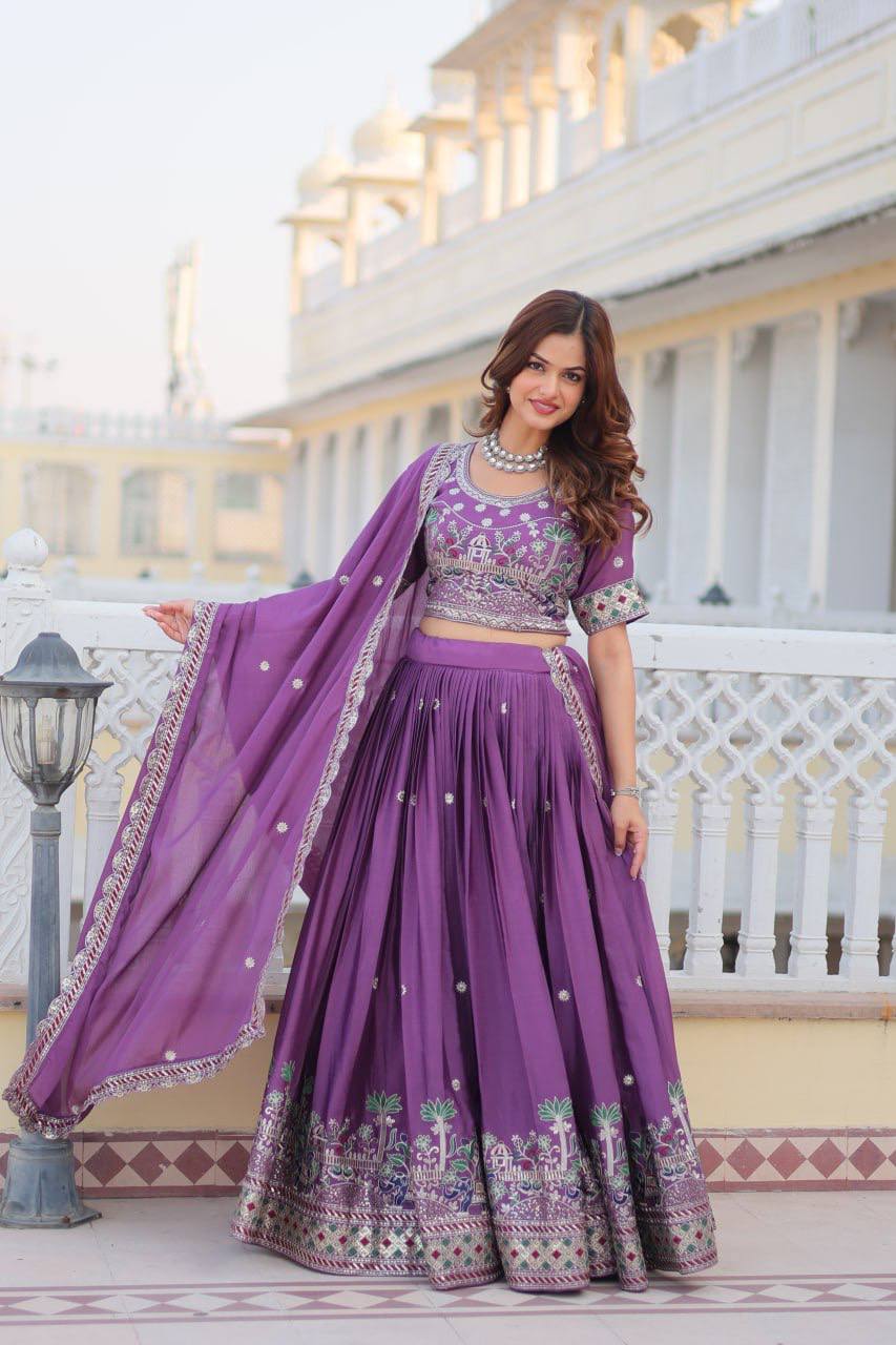 Flattering Pure Chinon Sky & Purple Color Lehenga Choli