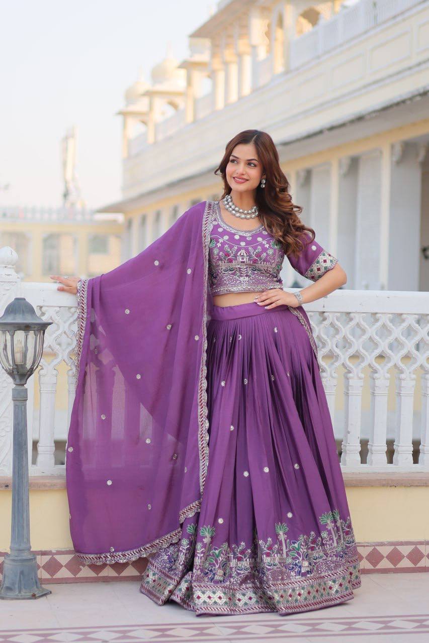 Flattering Pure Chinon Sky & Purple Color Lehenga Choli