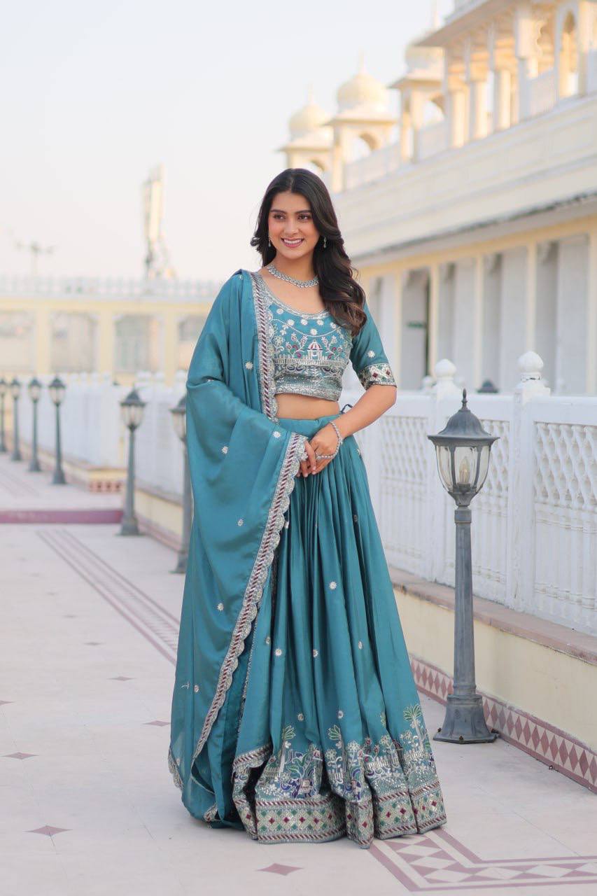 Flattering Pure Chinon Sky & Purple Color Lehenga Choli