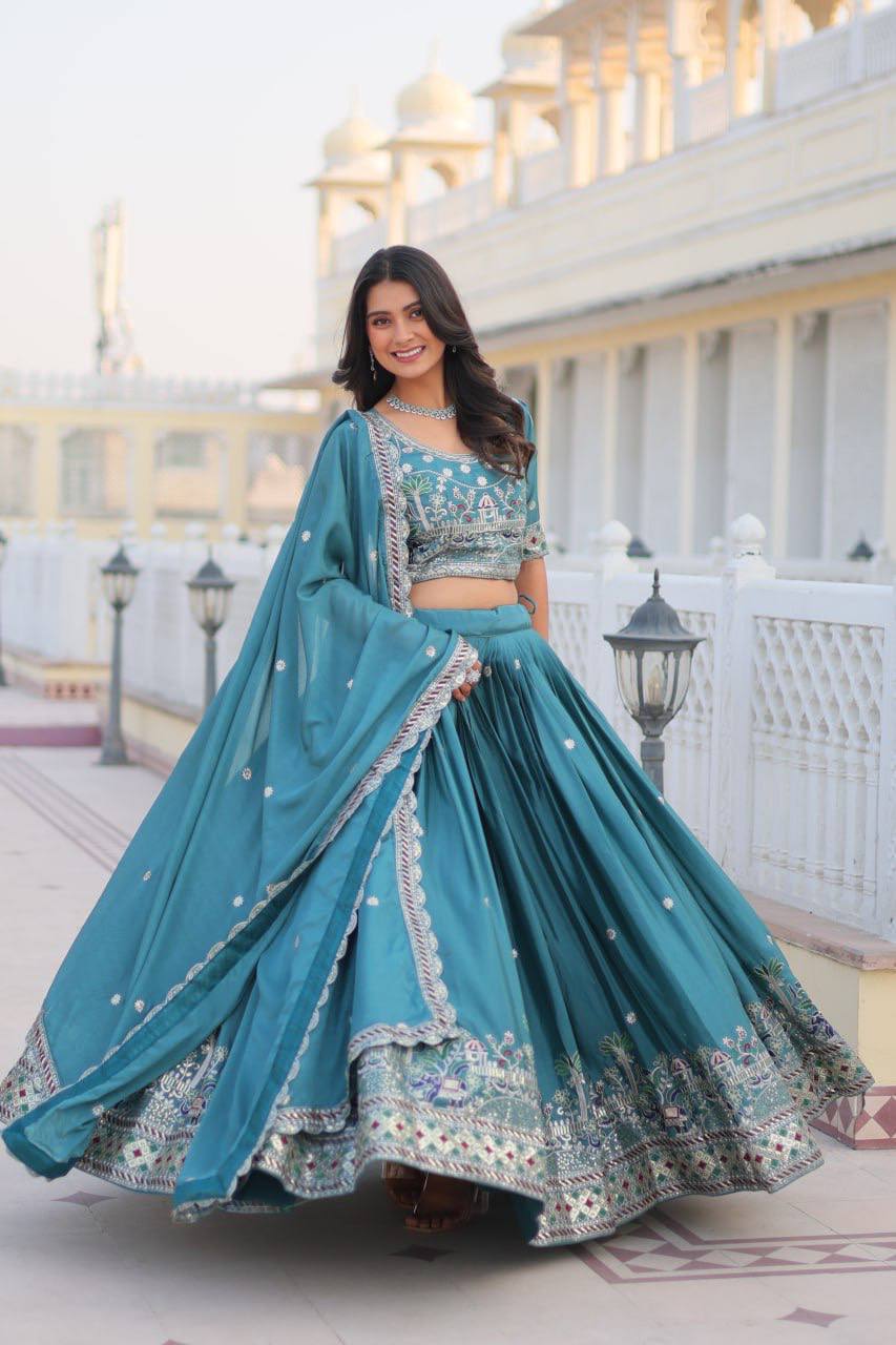 Flattering Pure Chinon Sky & Purple Color Lehenga Choli