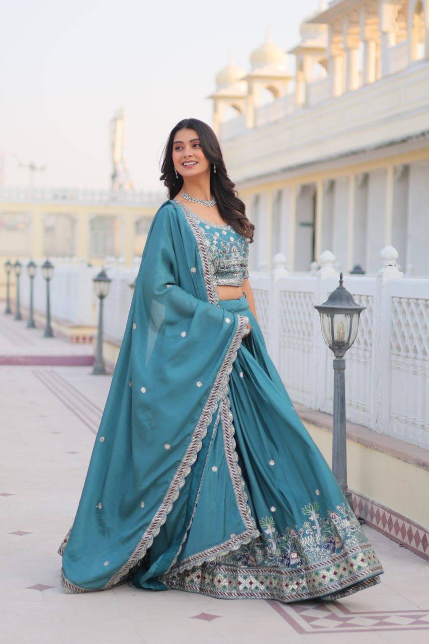 Flattering Pure Chinon Sky & Purple Color Lehenga Choli