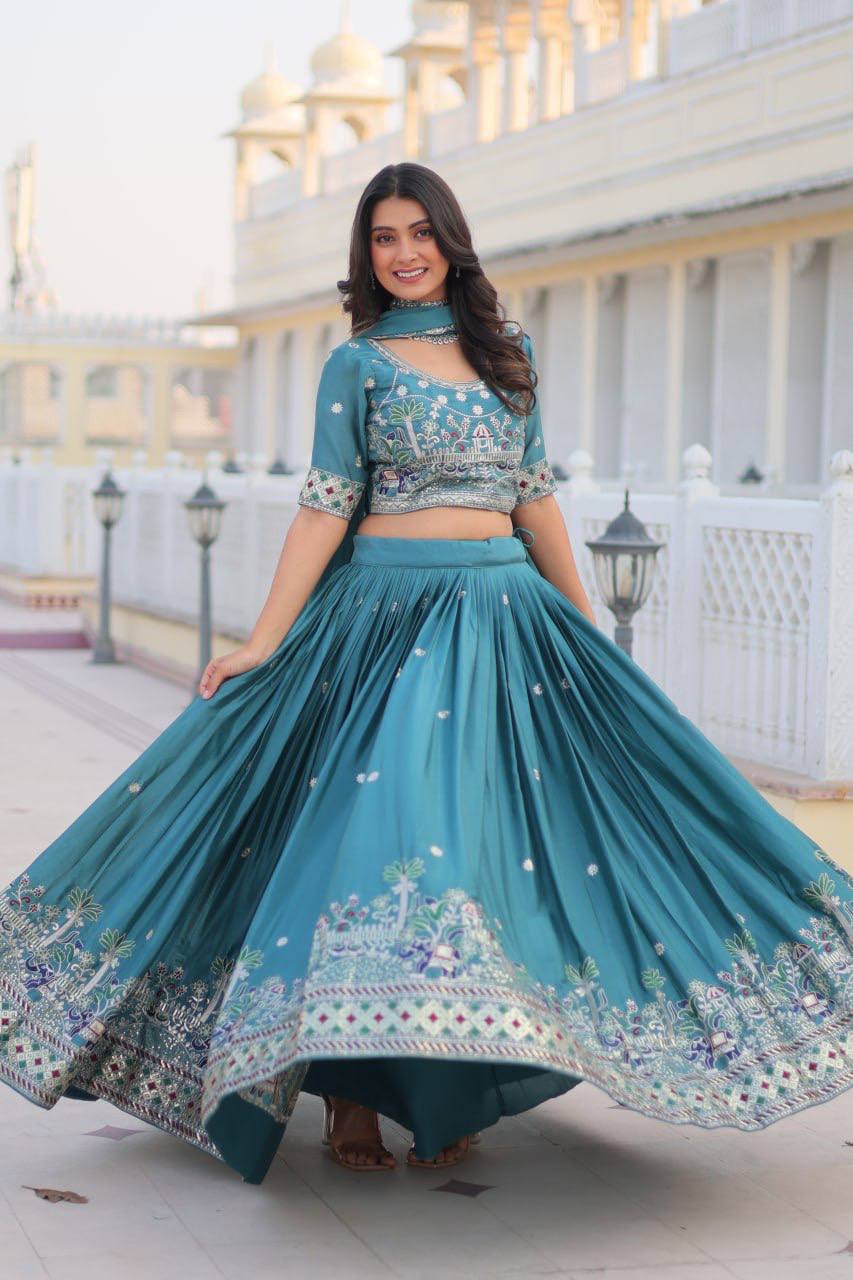 Flattering Pure Chinon Sky & Purple Color Lehenga Choli