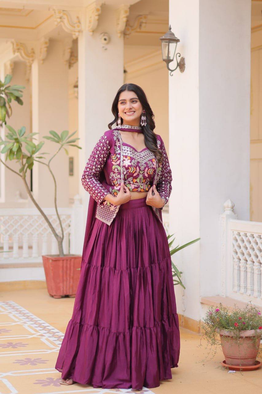 Marriage Special Chinon Wine & Teal Blue Color Lehenga Choli With Koti