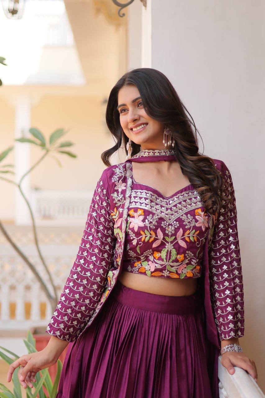 Marriage Special Chinon Wine & Teal Blue Color Lehenga Choli With Koti