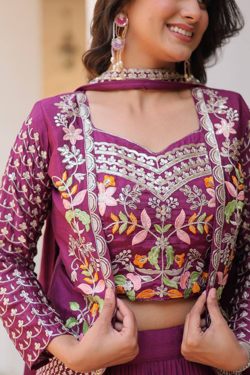 Marriage Special Chinon Wine & Teal Blue Color Lehenga Choli With Koti