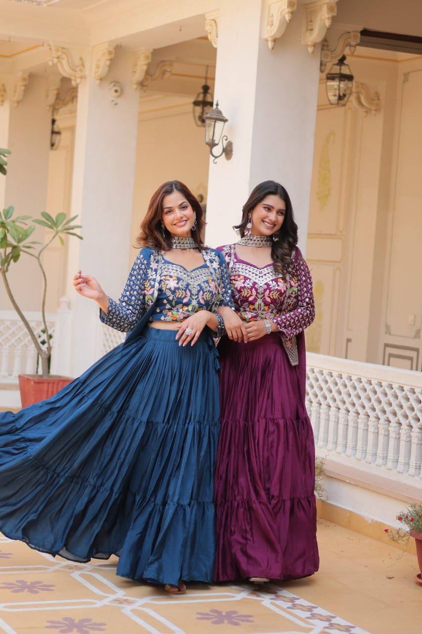 Marriage Special Chinon Wine & Teal Blue Color Lehenga Choli With Koti